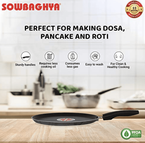SOWBHAGYA Induction Base Non Stick Tawa, (26 cm, Black) | Dosa Roti Chapati Pathiri Tawa | Aluminium Non Stick Flat Tawa | Gas Stove Compatible, Non Stick Coating - Image 2